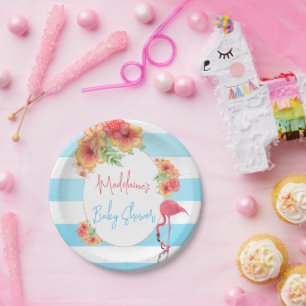 Prato De Papel Chá de fraldas Tropical Flamingo Blue Stripe