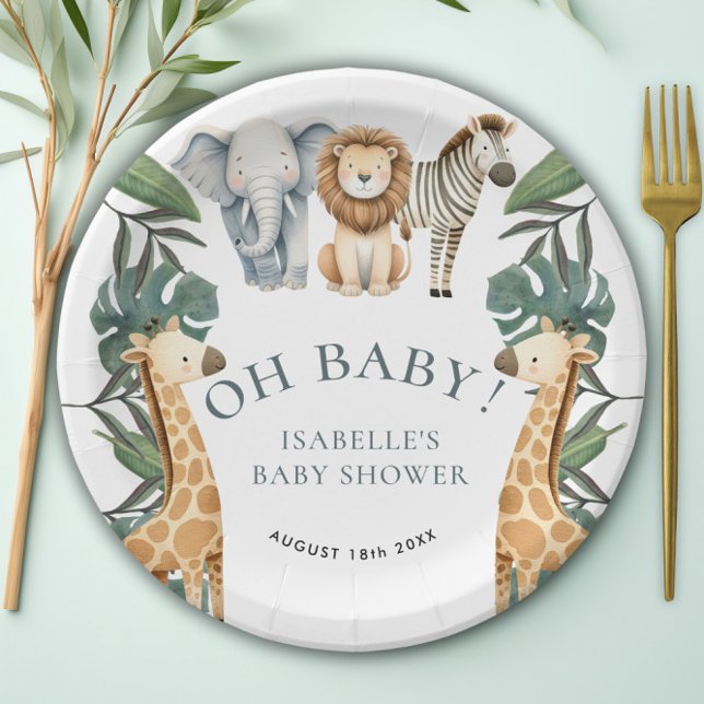 Prato De Papel Chá de fraldas verde Safari Selgle Animal (Jungle Animal Safari Greenery Baby Shower Paper Plates)