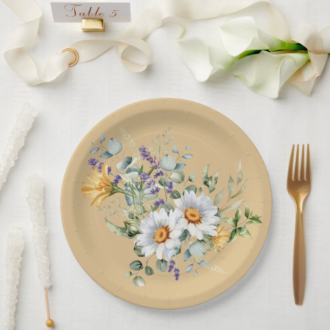 Prato De Papel Chá de Lavanda Sequin Light Yellow Daisies (Casamento)