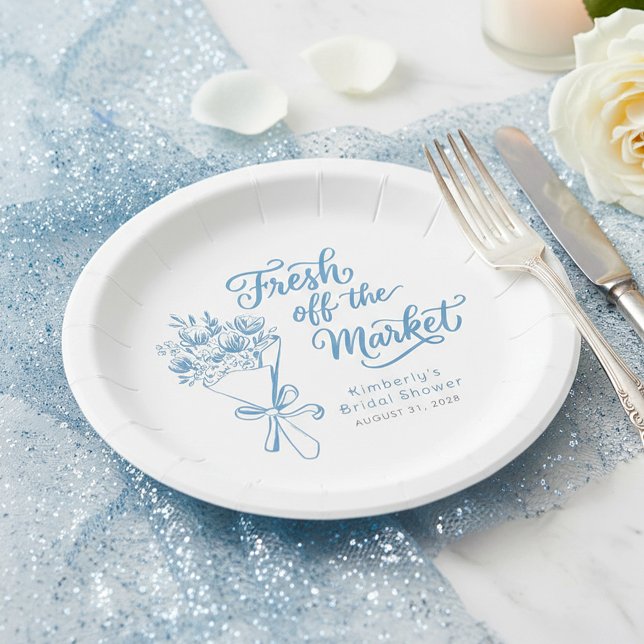 Prato De Papel Chá de Noiva Azul Poeira Fresh Off The Market (Fresh off the Market Bridal Shower Dusty Blue Paper Plates)