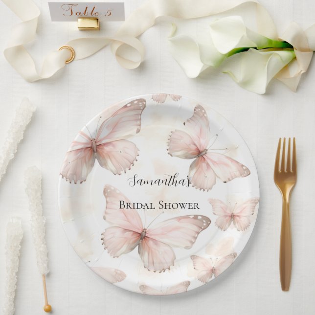 Prato De Papel Chá de Noiva Borboletas Rosa Bonito (Casamento)