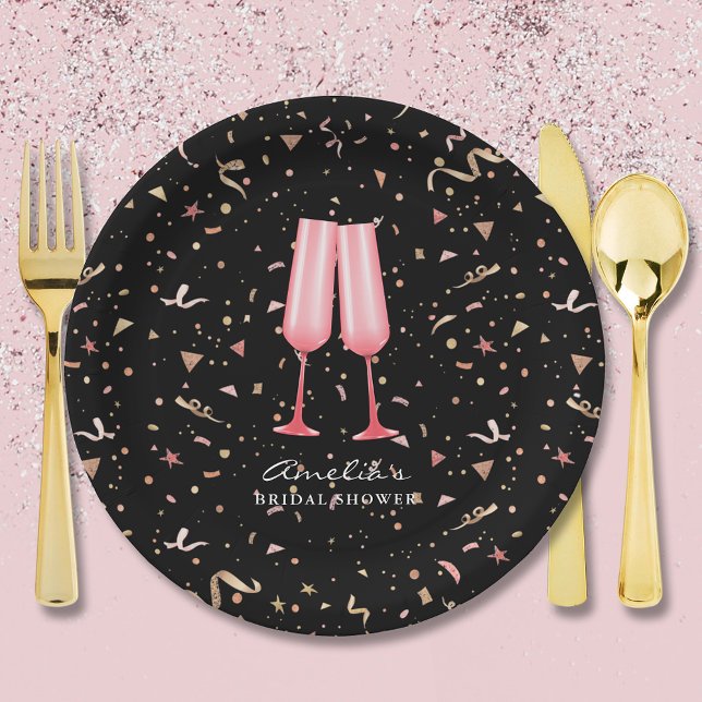 Prato De Papel Chá de Noiva Brunch e Borbulhante Preto (Brunch and bubbly pink champagne glasses bridal shower black paper plates)