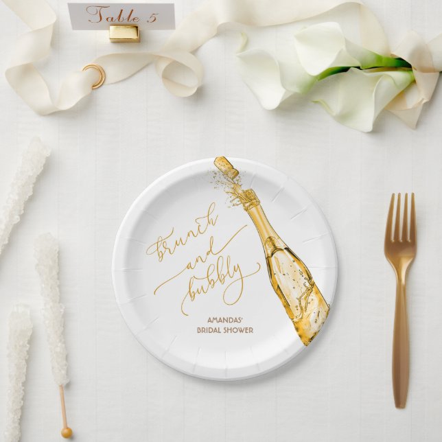 Prato De Papel Chá de Noiva Brunch e Bubbly Dourado (Casamento)