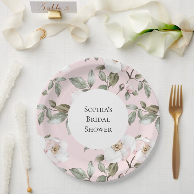 Prato De Papel Chá de Noiva com Flores Brancas e Rosas Lindas (Casamento)