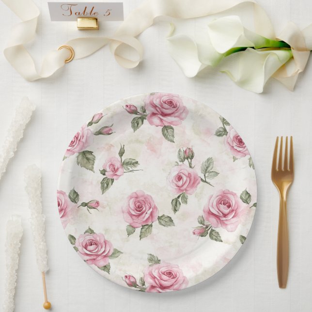 Prato De Papel Chá de Noiva com Rosas Rosa Bonito (Casamento)
