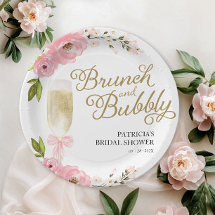 Prato De Papel Chá de Noiva Cor-de-Rosa Dourado Floral para Brunc