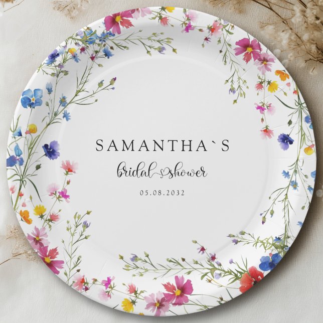 Prato De Papel Chá de Noiva de Flores Silvestres Modernas (Modern Wildflower Bridal Shower Paper Plates)