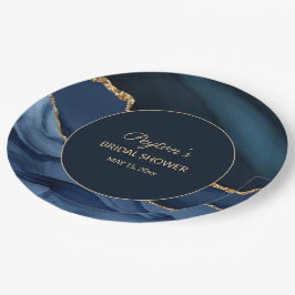 Prato De Papel Chá de Noiva Elegante Azul Naval Mármore Dourado