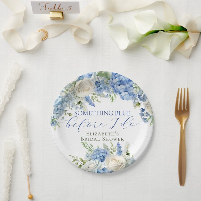 Prato De Papel Chá de Noiva Elegante com Hidrangea Azul (Casamento)