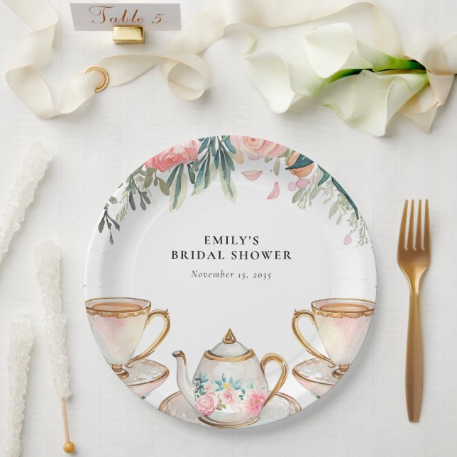 Prato De Papel Chá de Noiva Elegante com Tema de Chá Floral (Casamento)