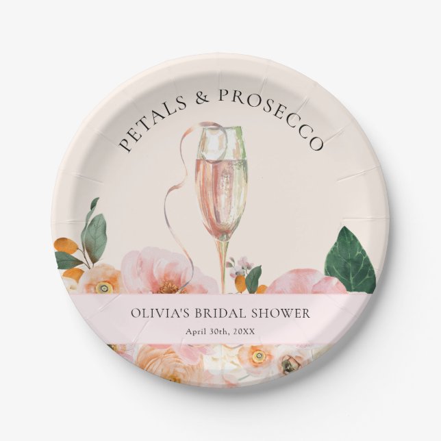 Prato De Papel Chá de Noiva Elegante Pétalas Florais Rosas Prosec (Frente)