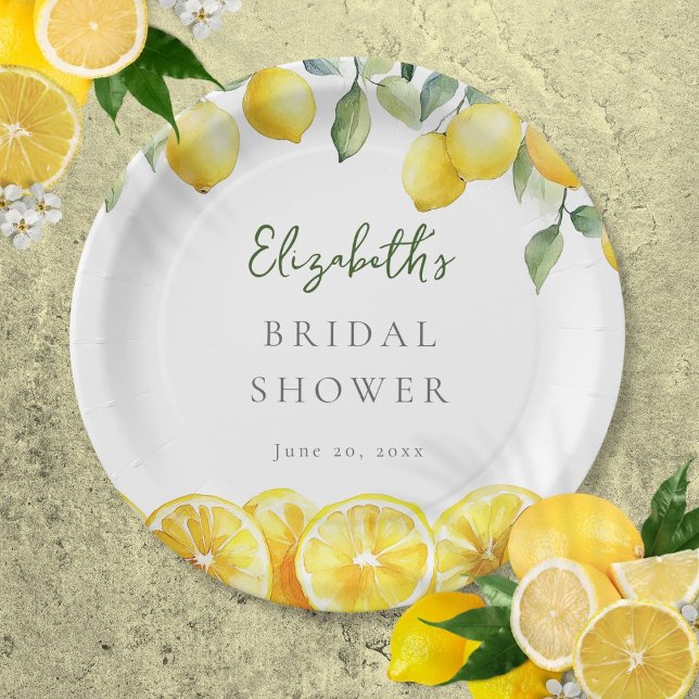 Prato De Papel Chá de Noiva em Aquarela Limão Amarelo (Watercolor Yellow Lemon Citrus Bridal Shower Paper Plates)