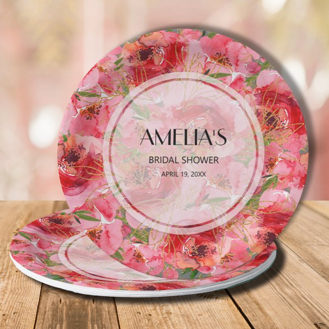 Prato De Papel Chá de Noiva Floral de Peônias em Aquarela (Watercolor pink peony flowers and leaves bridal shower paper plates)
