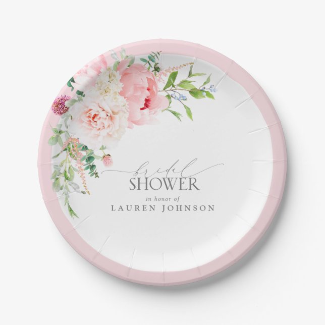 Prato De Papel Chá de Noiva Floral em Aquarela Rosa Claro Elegant (Frente)