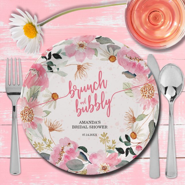 Prato De Papel Chá de Noiva Floral Rosa com Brunch e Bolhas (Brunch and bubbly pink watercolor floral bridal shower paper plates)