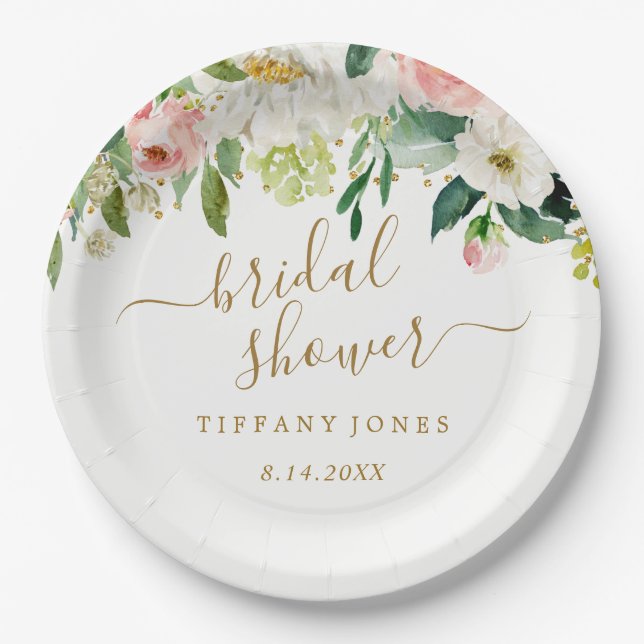 Prato De Papel Chá de Noiva Floral Rosa Dourado Confete (Frente)