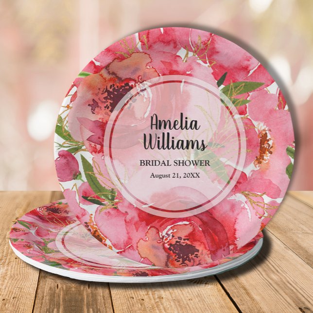Prato De Papel Chá de Noiva Floral Rosa em Aquarela (Personalized watercolor pink floral bridal shower paper plates)