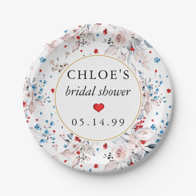 Prato De Papel Chá de Noiva Flores Azuis Flor de Rosa Rosa (Frente)