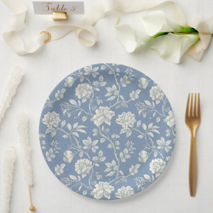 Prato De Papel Chá de Noiva Flores Creme Azul Romântico Bonito