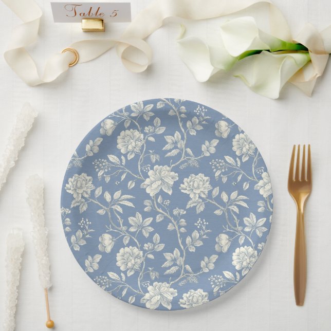 Prato De Papel Chá de Noiva Flores Creme Azul Romântico Bonito (Casamento)