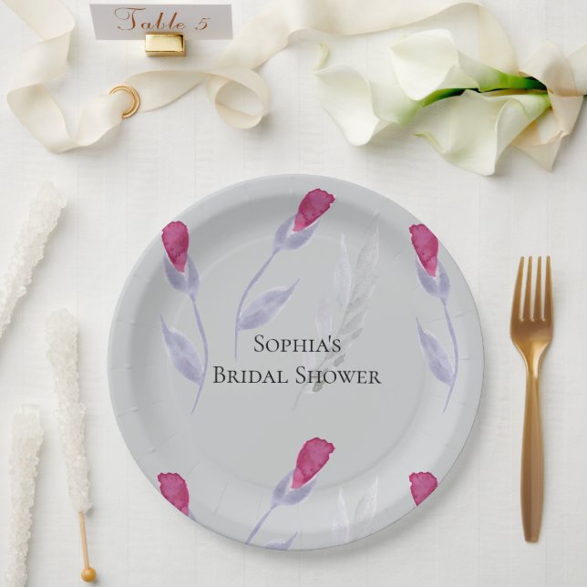 Prato De Papel Chá de Noiva Flores Rosa Cinza (Casamento)