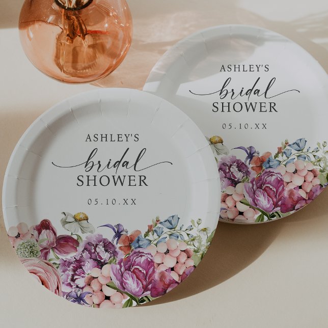Prato De Papel Chá de Noiva Florido Colorido (Colorful Jewel Toned Floral Bridal Shower Paper Plates by Painted Paperie)