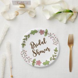 Prato De Papel Chá de Noiva Folhas Verdes e Flor Rosa