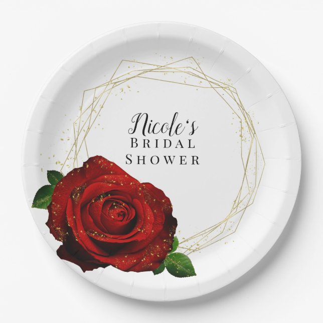 Prato De Papel Chá de Noiva Geométrico Dourado Rosa Vermelho (Frente)