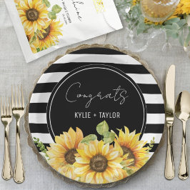 Prato De Papel Chá de Noiva Girassóis e Listras Pretas e Brancas