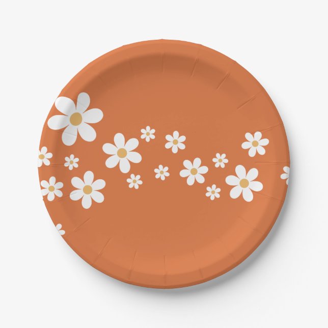 Prato De Papel Chá de noiva laranja queimada Retro Daisy (Frente)