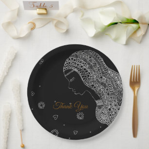Prato De Papel Chá de Noiva Preto e Branco Elegante de Agradecime