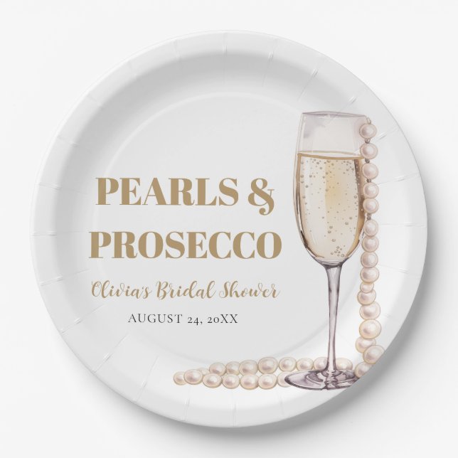 Prato De Papel Chá de Noiva Sofisticado com Pérolas e Prosecco (Frente)
