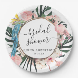 Prato De Papel Chá de Noiva Tropical Chic Flamingo Floral