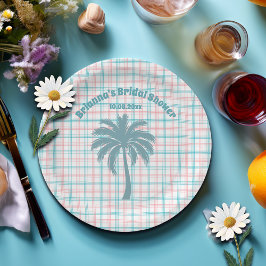 Prato De Papel Chá de Noiva Xadrez Azul Claro Rosa Palmeira