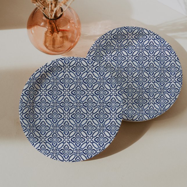 Prato De Papel Chá de panela Branco E Azul Espanhol Brunch (Dark blue and white italian tile print paper plates for bridal shower or baby shower party)