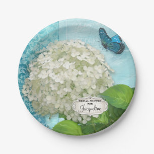 Prato De Papel Chá de panela Damask White Hydrangea Butterfly Art