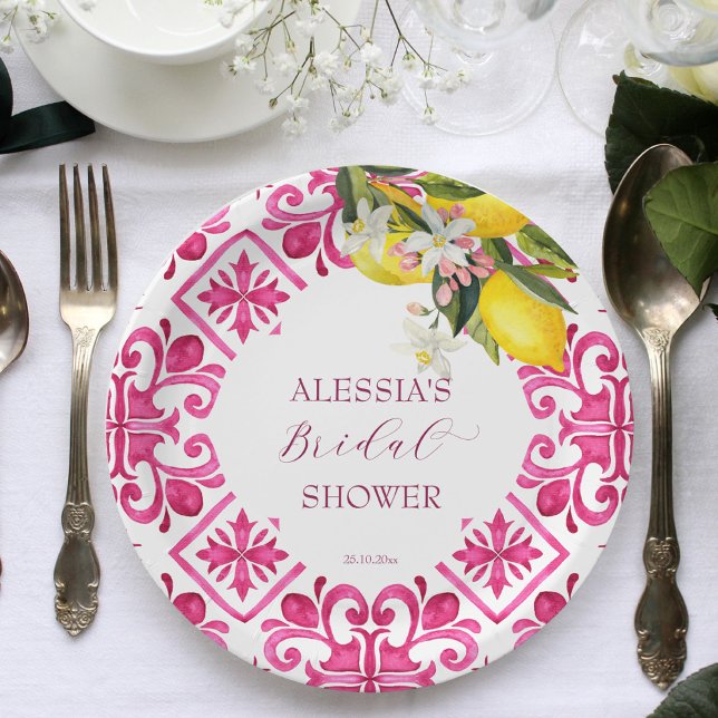 Prato De Papel Chá de panela de azulejos magenta Fuchsia Majolica (Fuchsia Majolica magenta tiles lemons bridal shower tableware personalized Paper Plates)