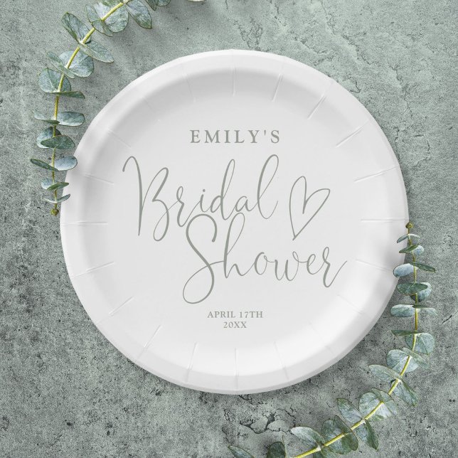 Prato De Papel Chá de panela de Caligrafia de Script Verde Sage (Sage Green Script Calligraphy Bridal Shower Paper Plates)