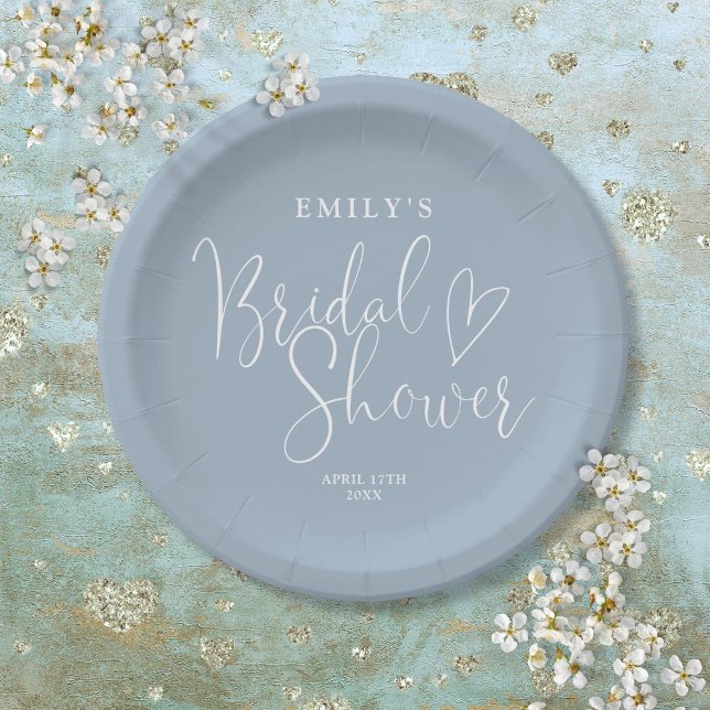 Prato De Papel Chá de panela de Caligrafia Dusty Blue Script (Dusty Blue Script Calligraphy Bridal Shower Paper Plates)
