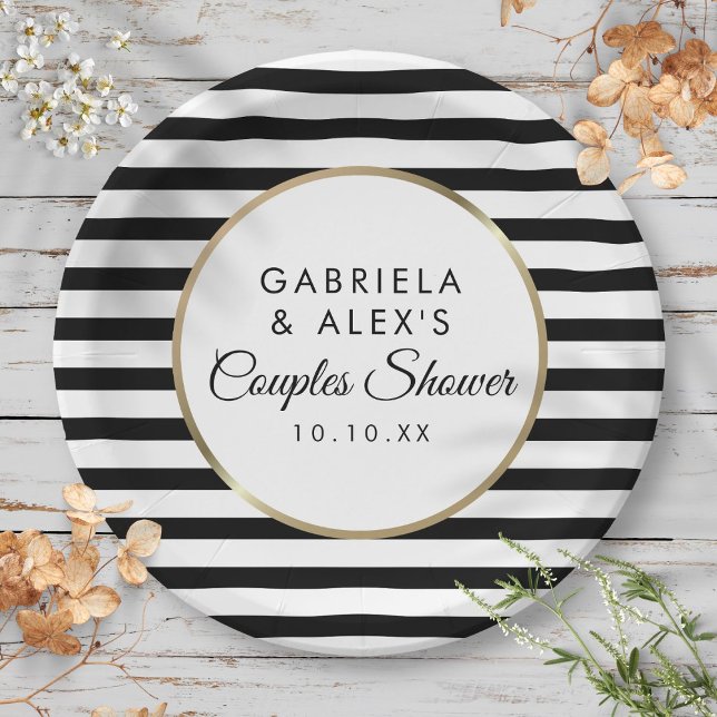 Prato De Papel Chá de panela de Casais Dourados Elegantes com Fai (Black Stripe Elegant Gold Couples Bridal Shower Paper Plates)