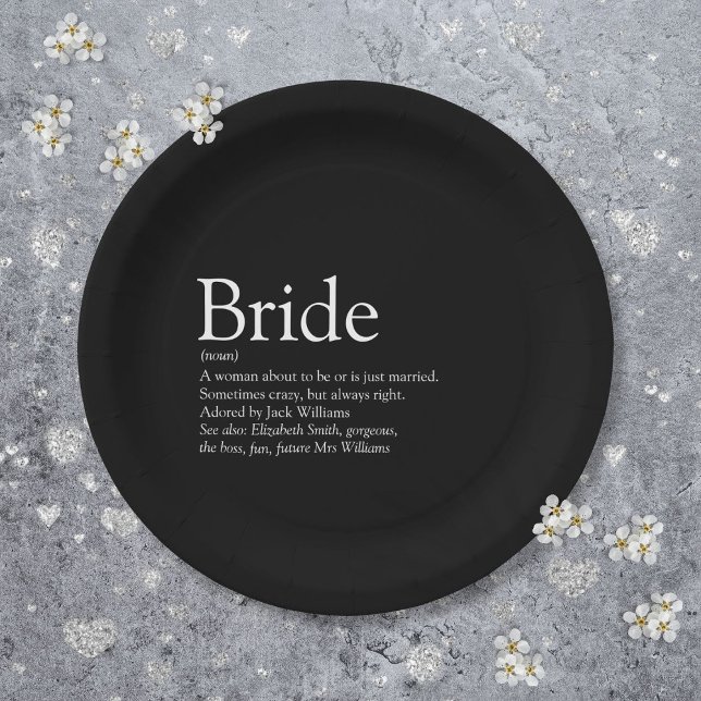 Prato De Papel Chá de panela de definição nobre preto e branco (Bride Definition Bridal Shower Black and White Paper Plates)