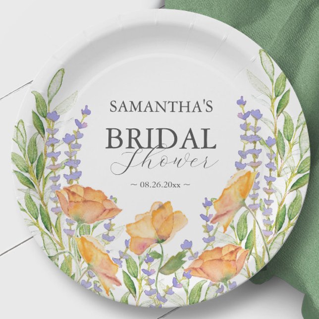 Prato De Papel Chá de panela de Flores Selvagens (Wildflower bridal shower theme lilac, orange and sage green watercolor art by Victoria Grigaliunas)