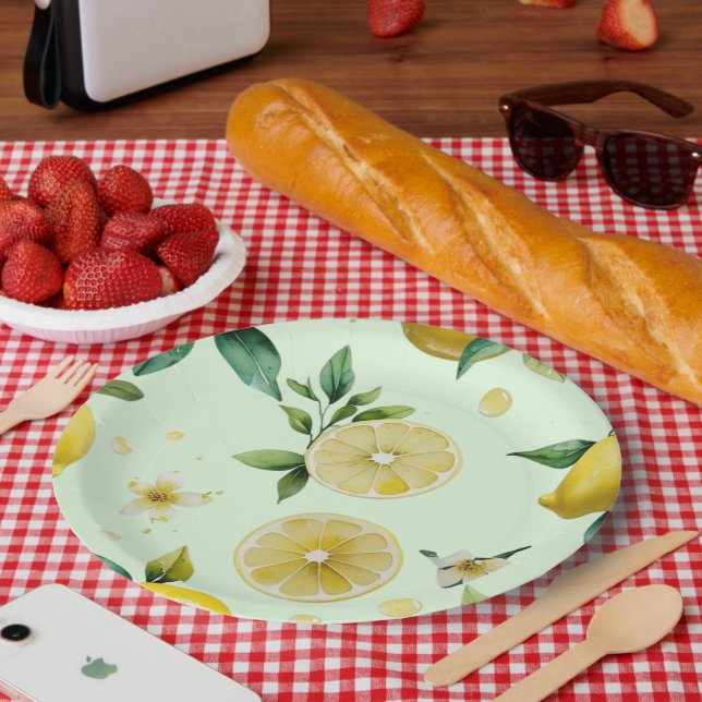 Prato De Papel Chá de panela de guião floral amarelo-limão modern (Piquenique)