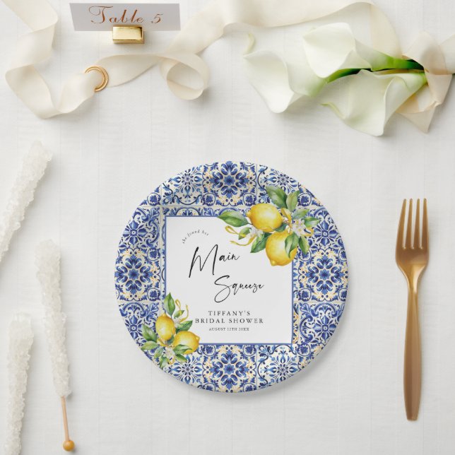 Prato De Papel Chá de panela de limões Azulejos azuis do Mediterr (Casamento)