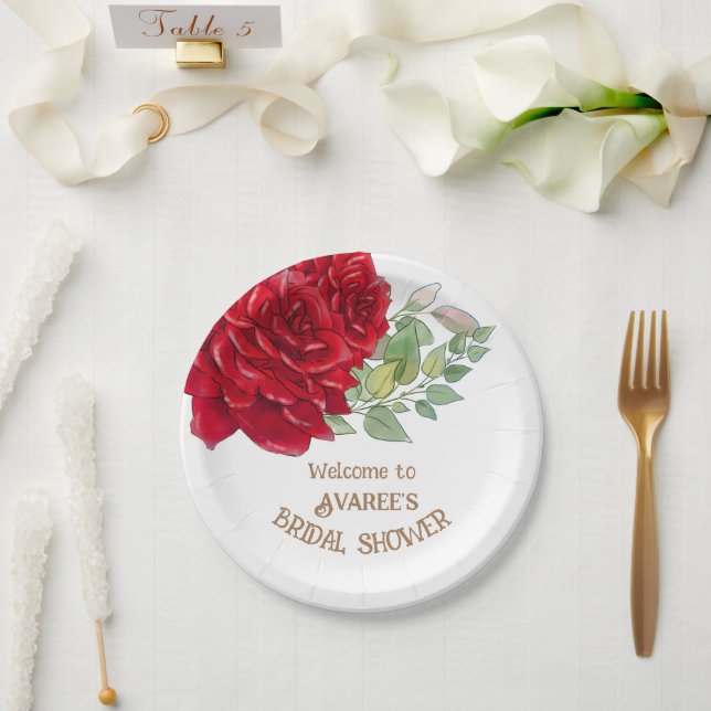 Prato De Papel Chá de panela de Rosas de Aquarela Vermelha Profun (Casamento)