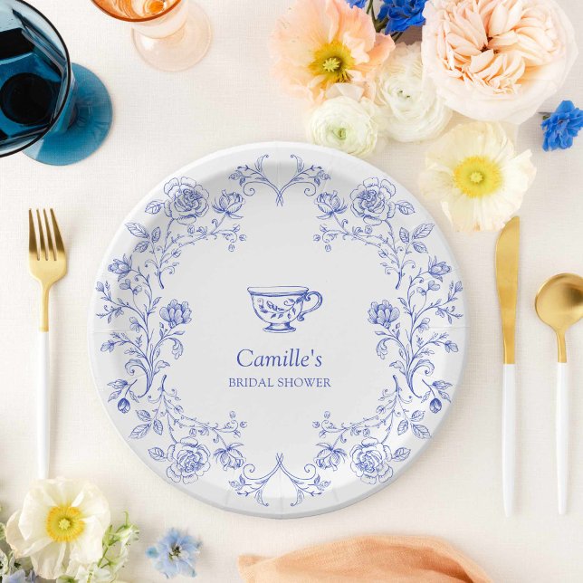 Prato De Papel Chá de panela Floral Azul do Tea Party (Blue Tea Party Bridal Shower Paper Plates)
