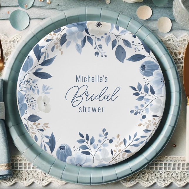 Prato De Papel Chá de panela Floral Azul Moderno (Dusty blue floral bridal shower paper plate)