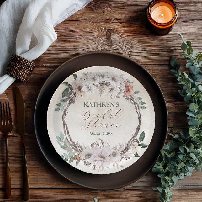 Prato De Papel Chá de panela Floral Boho Mudo (Boho Muted Fall Floral and Grapevine Wreath "Fall in Love"  Collection Bridal Shower Paper Plates)
