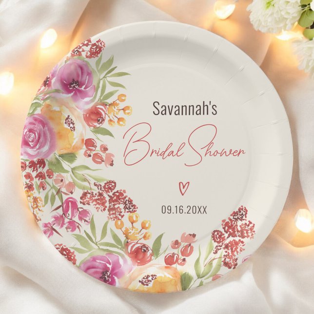 Prato De Papel Chá de panela Floral De Boho Pintado À Mão (Boho Hand-Painted Watercolor Floral Bridal Shower Paper Plates)