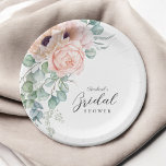 Prato De Papel Chá de panela Floral de Molho Cor de Água Rosa<br><div class="desc">Uma placa de papel chá de panela, muito feminina, que apresenta um buquê em cascata de papoilas, rosas, eucalipto e verde-direita em pasta mole, rosa, bege, verde e azul-esverdeado. Os emparelhamentos faciais do tipo de tendência incluem script manuscrito e serif elegante. Personalize o modelo de texto fácil de usar com...</div>